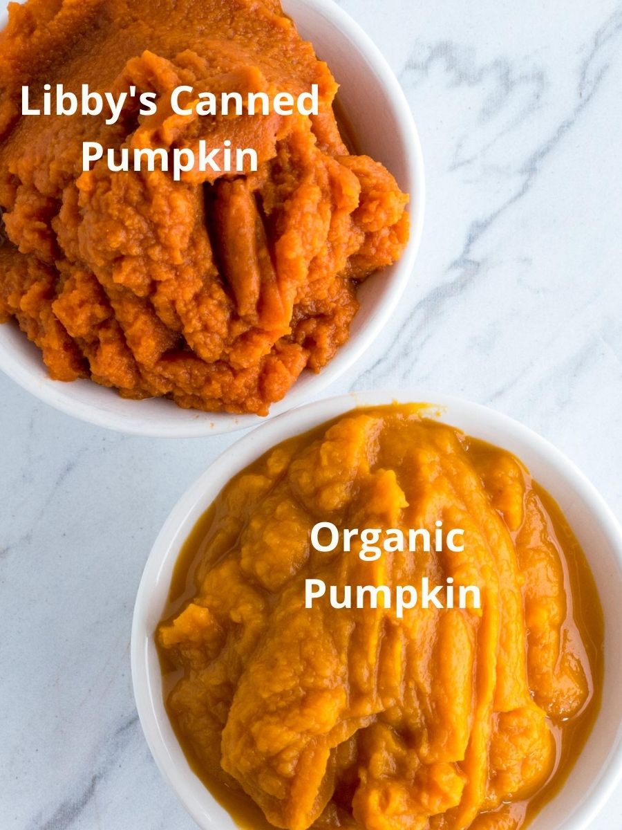Libby's pumpkin in a bowl and organic pumpkin in a bowl