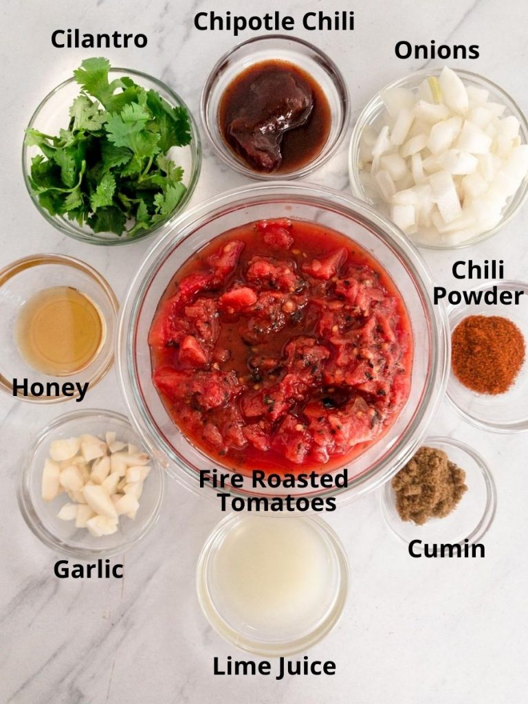 Ingredients for salsa in glass bowls, fire-roasted tomatoes, onions, garlic, cilantro, peppers, cumin , lemon juice, chili powder