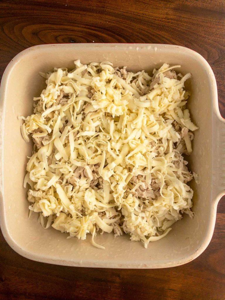 Shredded cheese in casserole dish